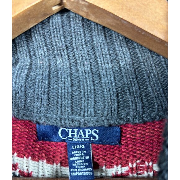 Chaps Womens Cardigan Sweater L Red‎ Gray Southwest Aztec  Zip - Picture 2 of 6